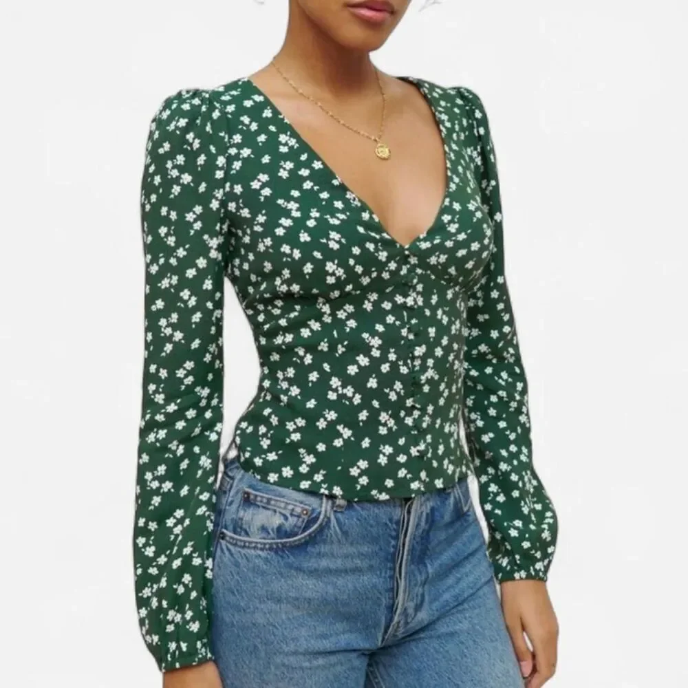 Reformation Nell Top in Annette Green Floral – Cottage Romance Blouse Small